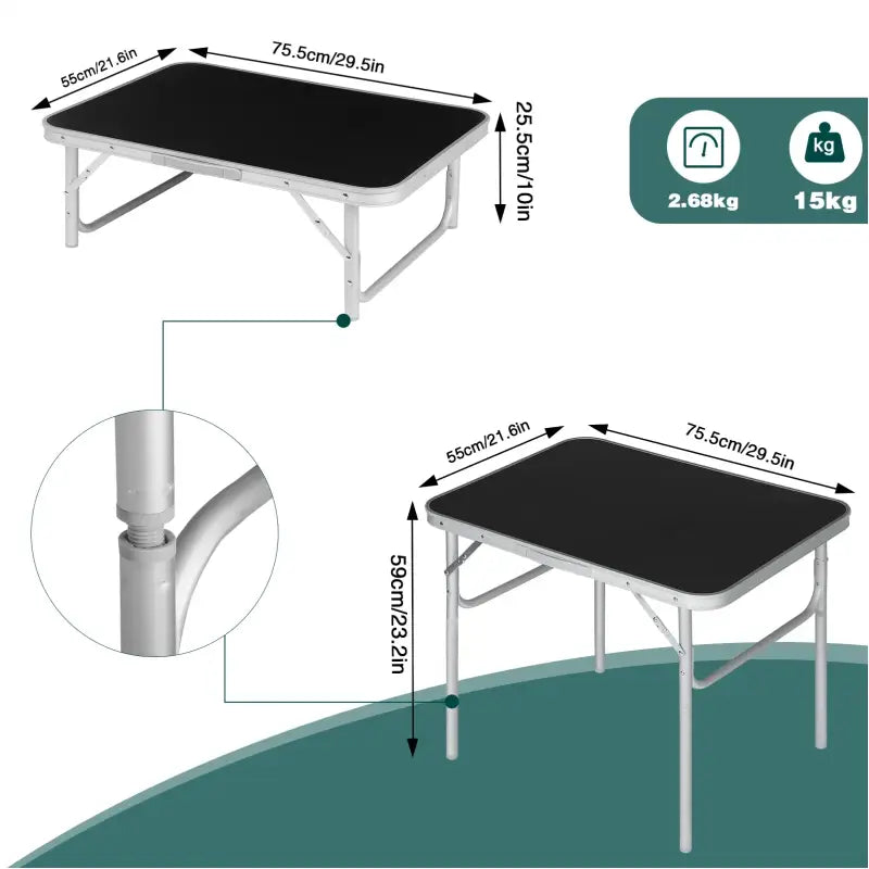 BukkitBow - Opvouwbare Kampeertafel - Instelbaar in Hoogte - 30kg Maximale Belasting - Lichtgewicht en Opvouwbaar - 75x55x(25-60)cm