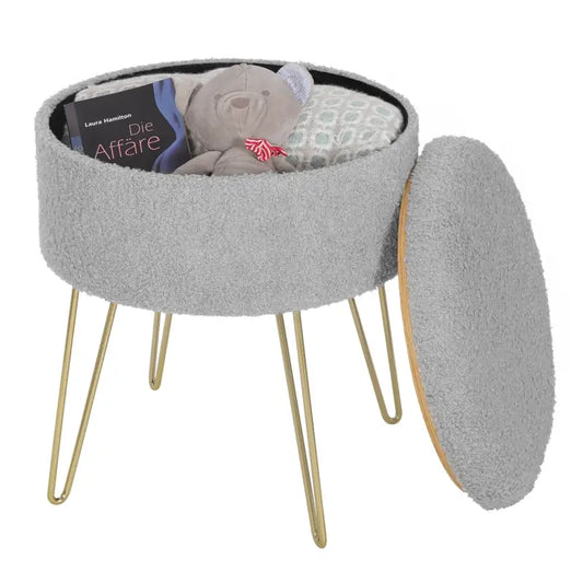 BukkitBow - Poef / Ronde Kruk met Opslag - Teddy Fleece Zitting - Verborgen Opbergruimte - Sterke Draagkracht - 39x44CM