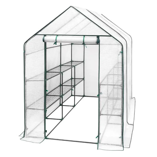 BukkitBow – Polytunnel Tuinkas – Winterproof Tunnel voor Groenten Teelt – Compacte Tuinkas met Groot Luik en 3 Bloemen Planken - 143x215x195CM