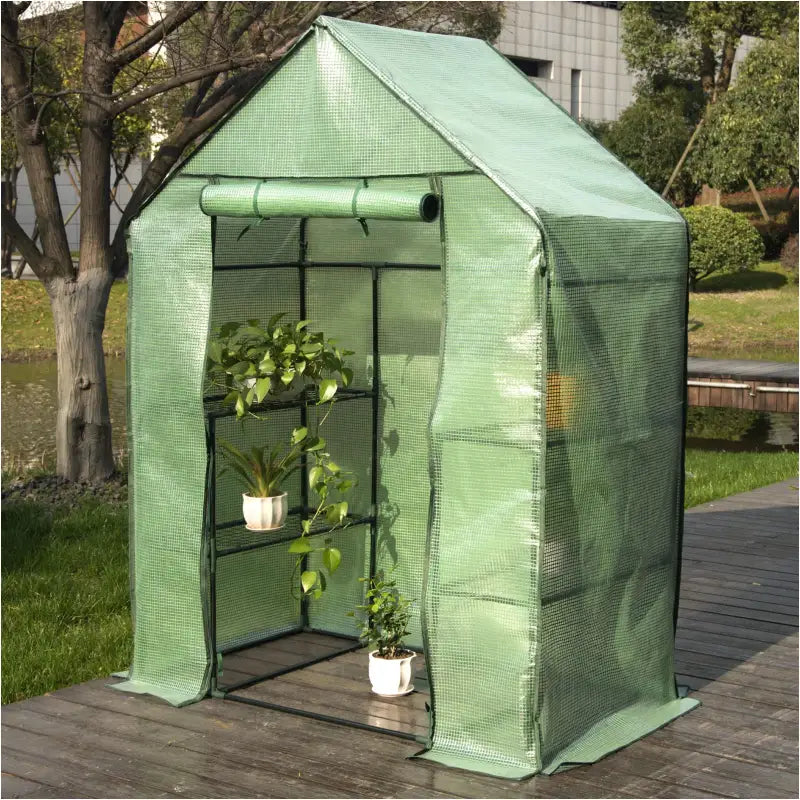 BukkitBow – Polytunnel Tuinkas – Winterproof Tunnel voor Groenten Teelt – Compacte Tuinkas met Groot Luik en 3 Bloemen Planken - 143x215x195CM