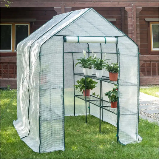 BukkitBow – Polytunnel Tuinkas – Winterproof Tunnel voor Groenten Teelt – Compacte Tuinkas met Groot Luik en 3 Bloemen Planken - 143x215x195CM