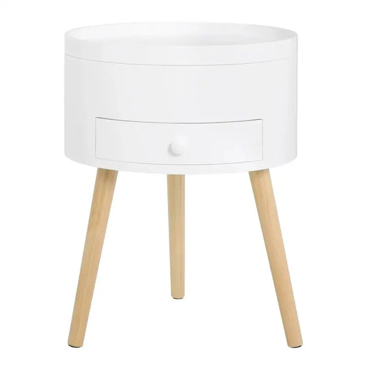 BukkitBow - Rond Nachtkastje - MDF en Massief Hout - Met Lade en Openende Klep - Max 10kg Belasting - 38x38x50cm