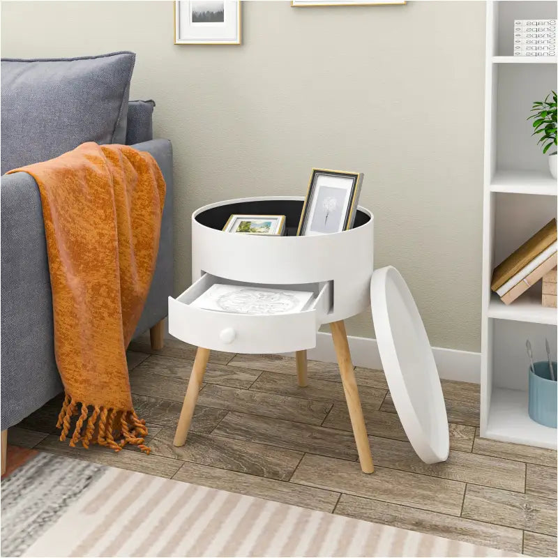 BukkitBow - Rond Nachtkastje - MDF en Massief Hout - Met Lade en Openende Klep - Max 10kg Belasting - 38x38x50cm