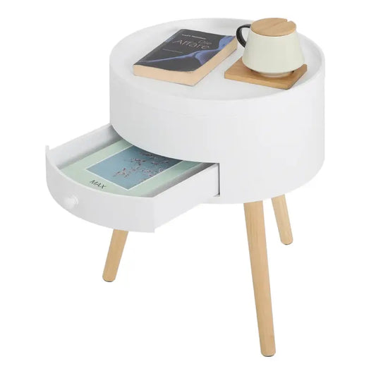 BukkitBow - Rond Nachtkastje - MDF en Massief Hout - Met Lade en Openende Klep - Max 10kg Belasting - 38x38x50cm
