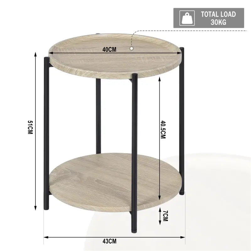 BukkitBow - Ronde Bijzettafel met Dubbele Plank - met Afneembaar Dienblad met Opstaande Rand - Vintage of Eikenhout - 40CM Doorsnede