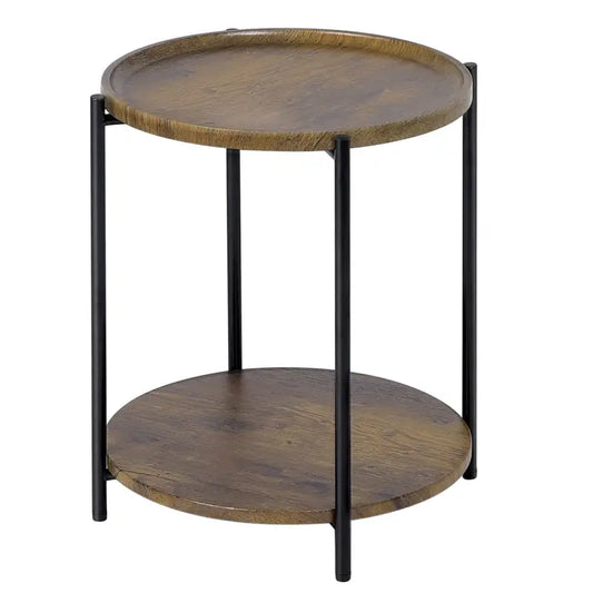 BukkitBow - Ronde Bijzettafel met Dubbele Plank - met Afneembaar Dienblad met Opstaande Rand - Vintage of Eikenhout - 40CM Doorsnede