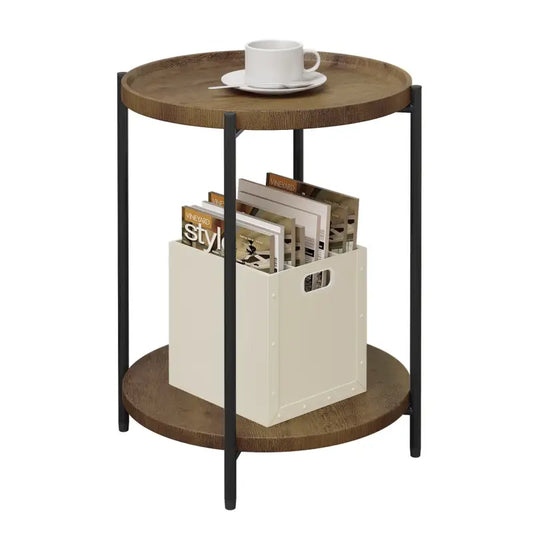 BukkitBow - Ronde Bijzettafel met Dubbele Plank - met Afneembaar Dienblad met Opstaande Rand - Vintage of Eikenhout - 40CM Doorsnede