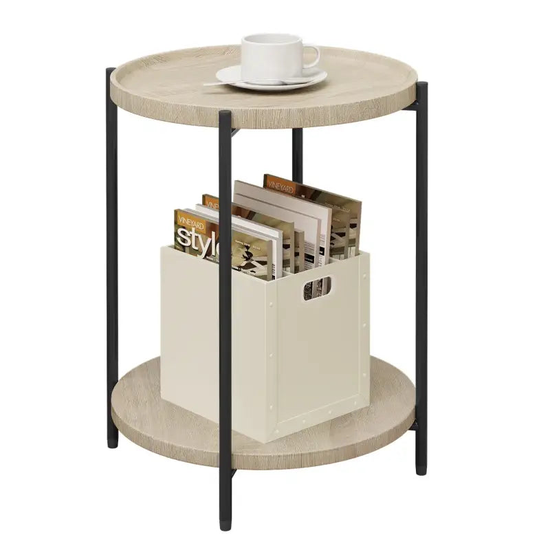 BukkitBow - Ronde Bijzettafel met Dubbele Plank - met Afneembaar Dienblad met Opstaande Rand - Vintage of Eikenhout - 40CM Doorsnede