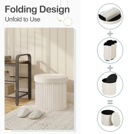 BukkitBow - Ronde Compacte Opbergpoef – Poef / Zitkist met Deskel - Opvouwbare Poef - Voetenbank met Opbergruimte - 38x38x36 CM