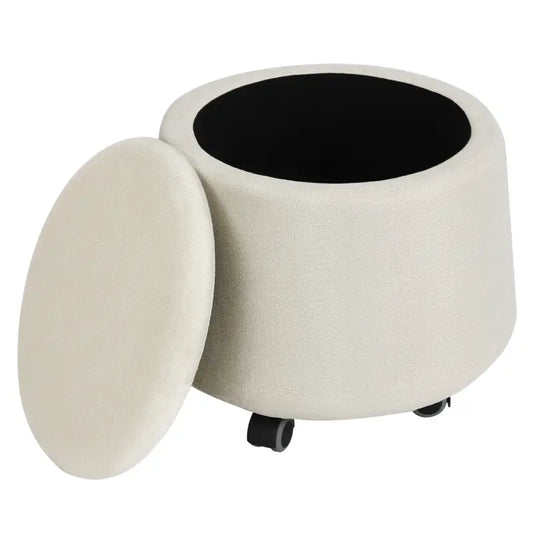 BukkitBow - Ronde Opbergpoef - met Deskel en Opbergruimte - Gemaakt van Linnen - Crème/Wit