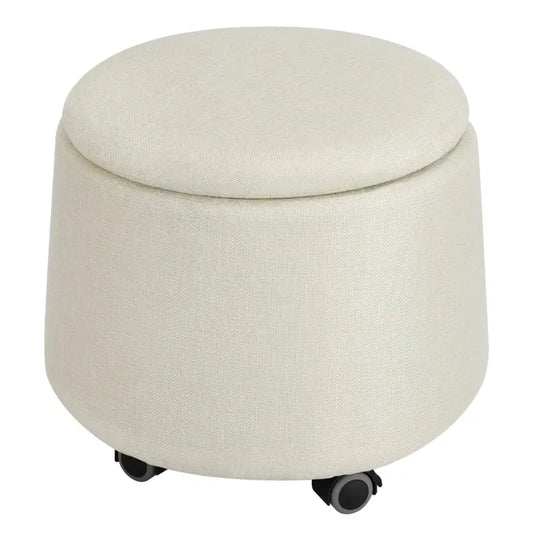 BukkitBow - Ronde Opbergpoef - met Deskel en Opbergruimte - Gemaakt van Linnen - Crème/Wit