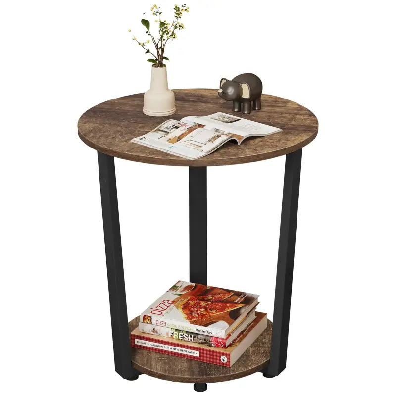 BukkitBow - Ronde Salontafel / Bijzettafel - Moderne Kleine Tafel - met 2 planken - Metalen Zwarte Frame