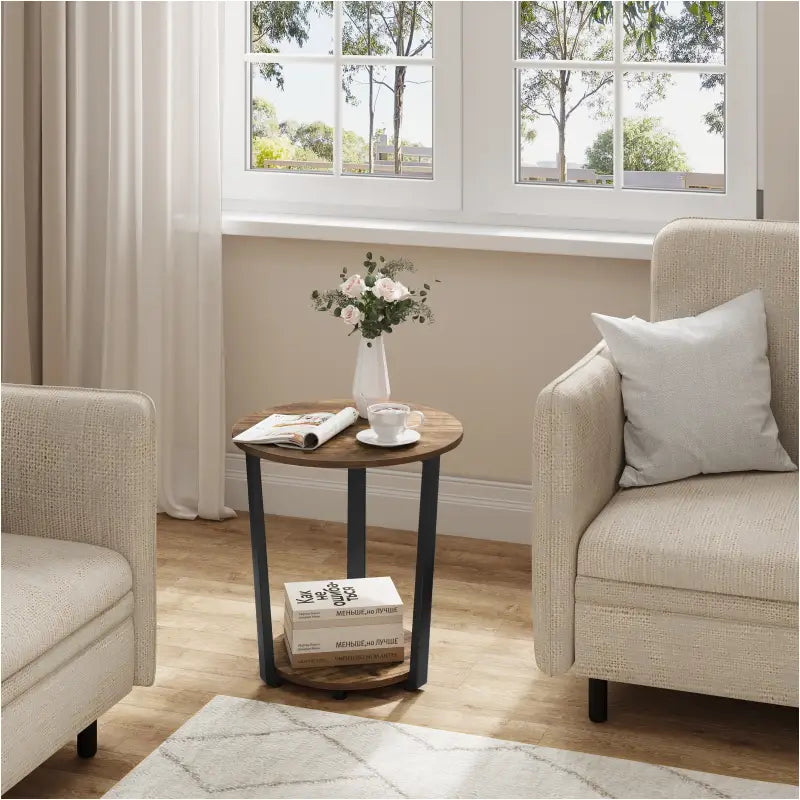 BukkitBow - Ronde Salontafel / Bijzettafel - Moderne Kleine Tafel - met 2 planken - Metalen Zwarte Frame