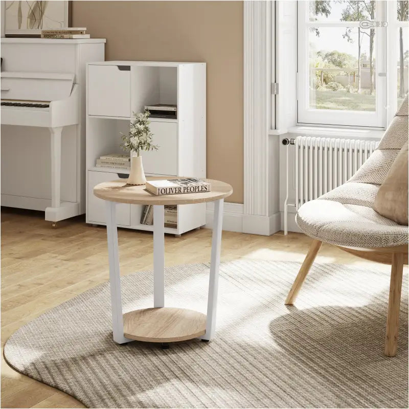 BukkitBow - Ronde Salontafel / Bijzettafel - Moderne Kleine Tafel - met 2 planken - Metalen Zwarte Frame