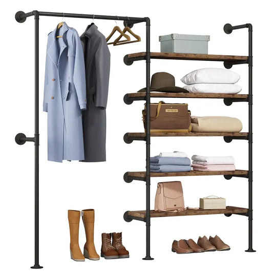 BukkitBow - Ruimtebesparende Muur Garderobe - Zwart met Vintage Hout - Tot Wel 150kg Laadcapaciteit - Industriële Stijl - 187.5x35x184cm