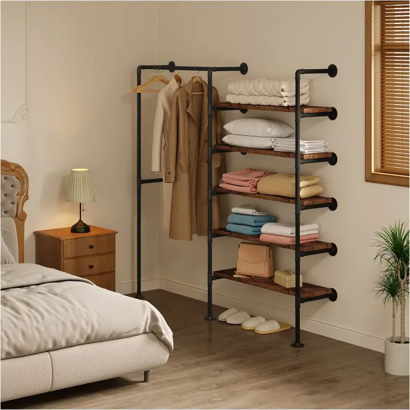 BukkitBow - Ruimtebesparende Muur Garderobe - Zwart met Vintage Hout - Tot Wel 150kg Laadcapaciteit - Industriële Stijl - 187.5x35x184cm