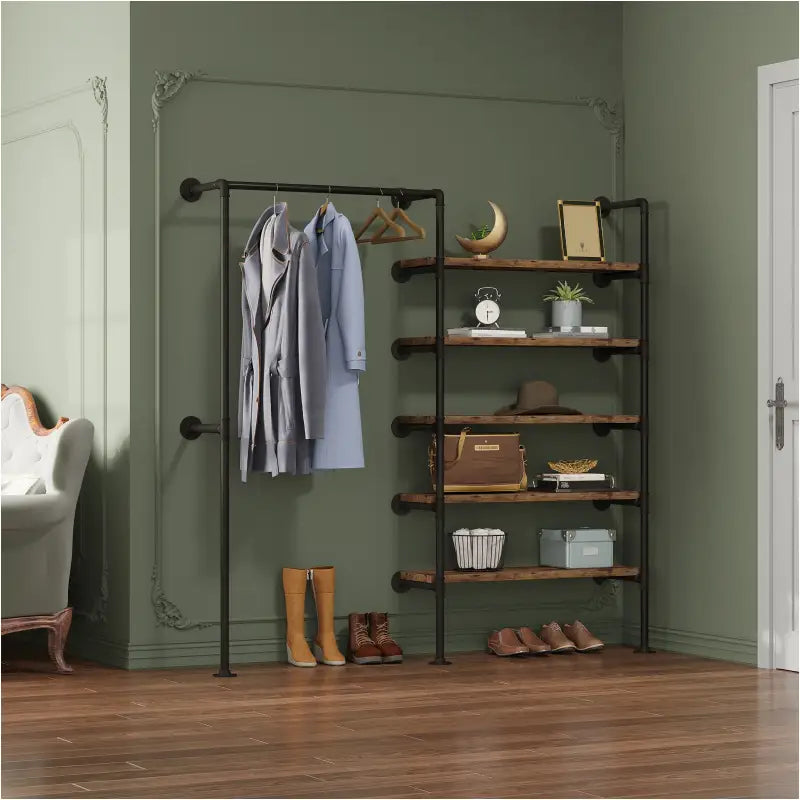 BukkitBow - Ruimtebesparende Muur Garderobe - Zwart met Vintage Hout - Tot Wel 150kg Laadcapaciteit - Industriële Stijl - 187.5x35x184cm