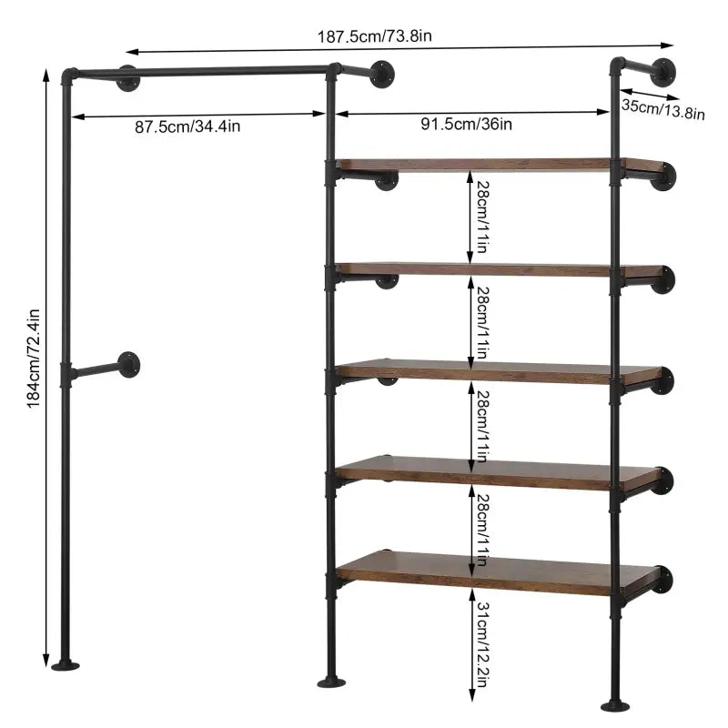 BukkitBow - Ruimtebesparende Muur Garderobe - Zwart met Vintage Hout - Tot Wel 150kg Laadcapaciteit - Industriële Stijl - 187.5x35x184cm