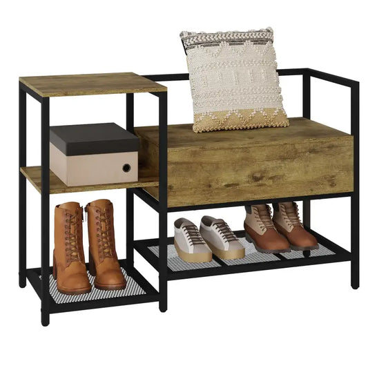 BukkitBow - Schoenenrek met Kleine Zitting - Schoenenkast Gemaakt van Stevig Metaal - Zwart Metaal met Vintage Bruin Hout