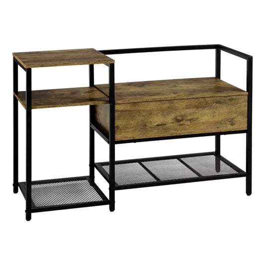 BukkitBow - Schoenenrek met Kleine Zitting - Schoenenkast Gemaakt van Stevig Metaal - Zwart Metaal met Vintage Bruin Hout