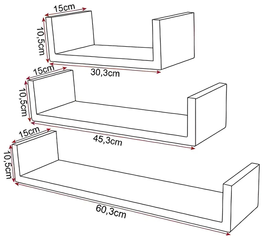 BukkitBow - Set van 3 Drijvende / Zwevende Planken - Hout/Gelakt MDF - Verschillende Maten - Inclusief Bevestigingen
