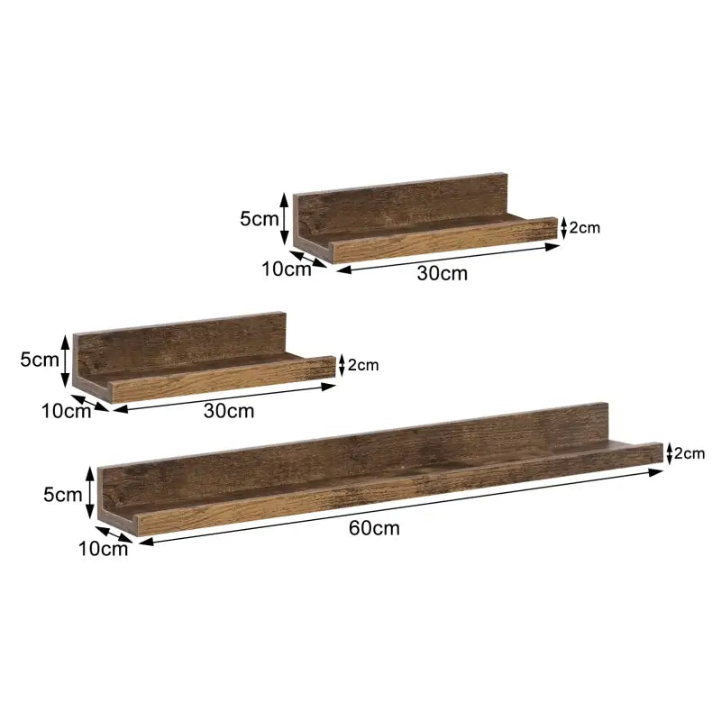 BukkitBow - Set van 3 Wandplanken - Hoogwaardig MDF - Vintage Bruin Hout - 1xGroot (60x10x5cm) & 2xKlein (30x10x5cm) - Maximale Belasting 5kg