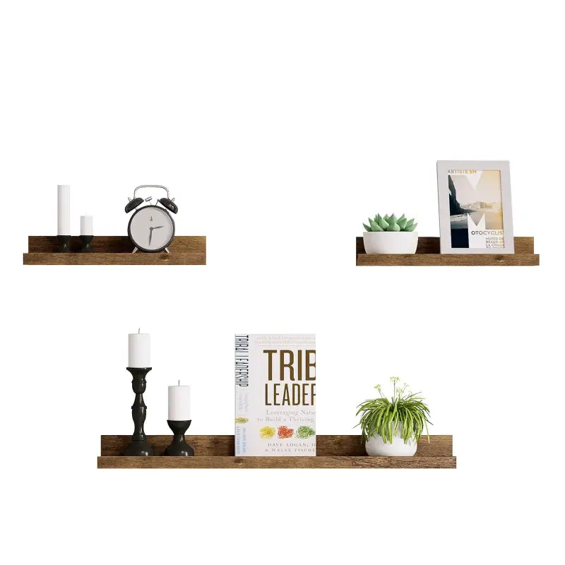 BukkitBow - Set van 3 Wandplanken - Hoogwaardig MDF - Vintage Bruin Hout - 1xGroot (60x10x5cm) & 2xKlein (30x10x5cm) - Maximale Belasting 5kg