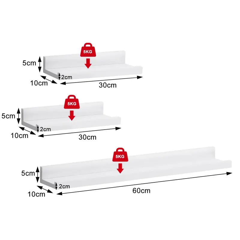 BukkitBow - Set van 3 Wandplanken - Hoogwaardig MDF - Wit - 1xGroot (60x10x5cm) & 2xKlein (30x10x5cm) - Maximale Belasting 5kg