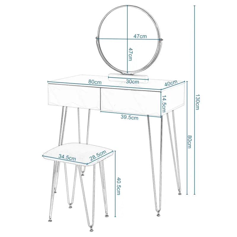 BukkitBow - Set van Kaptafel en Kruk - Massief Hout - Metalen Poten - Met Spiegel