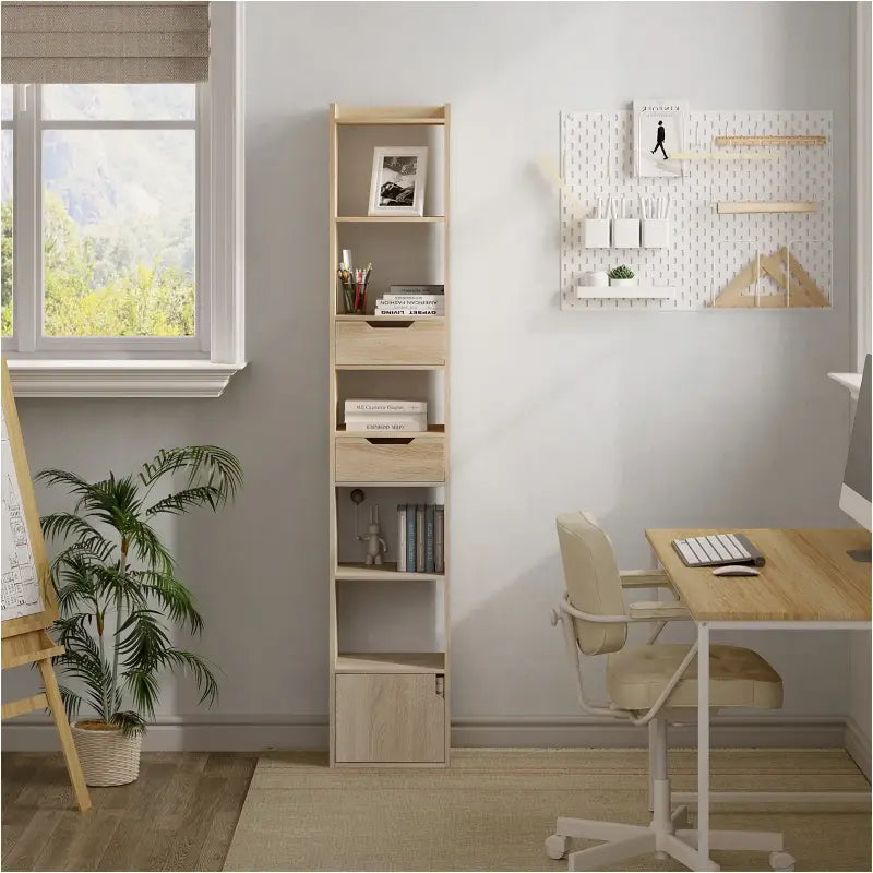 BukkitBow - Staande Boekenkast - Eiken Hout met Melamine Fineer - Ruime Opslag met Deur en Laden