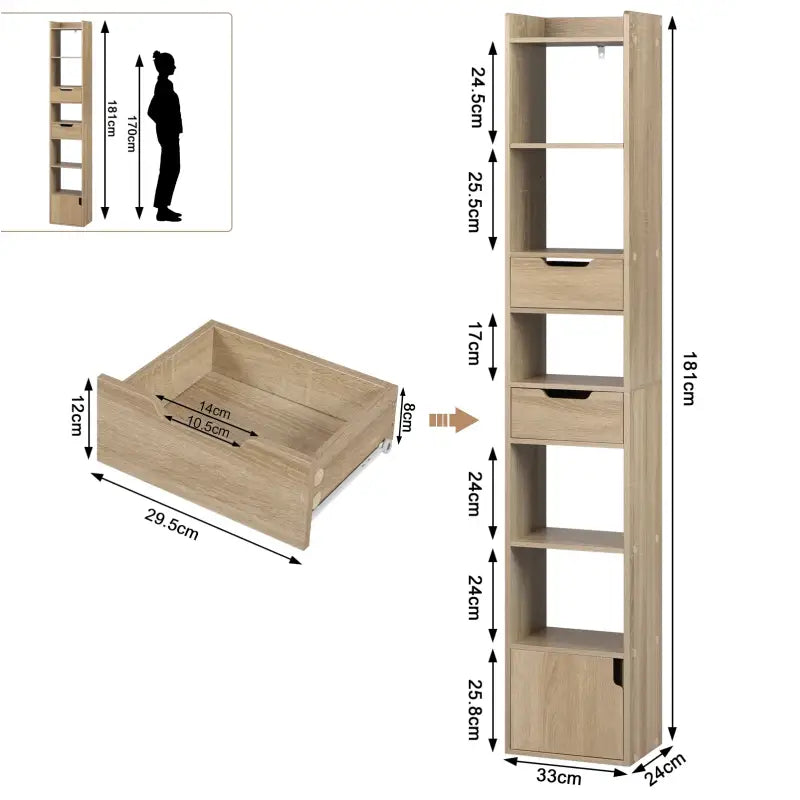 BukkitBow - Staande Boekenkast - Eiken Hout met Melamine Fineer - Ruime Opslag met Deur en Laden