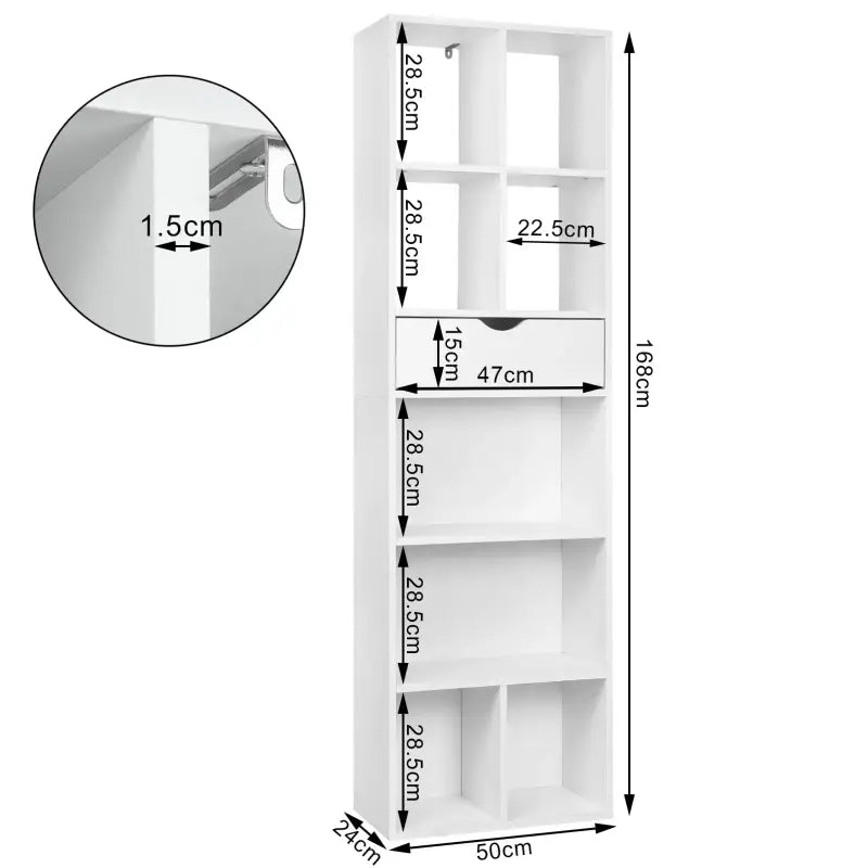 BukkitBow - Staande Boekenkast met Lade - Organizer voor Woonkamer en Slaapkamer - 50x24x168cm - Wit