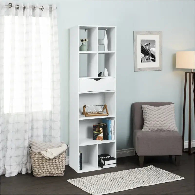 BukkitBow - Staande Boekenkast met Lade - Organizer voor Woonkamer en Slaapkamer - 50x24x168cm - Wit