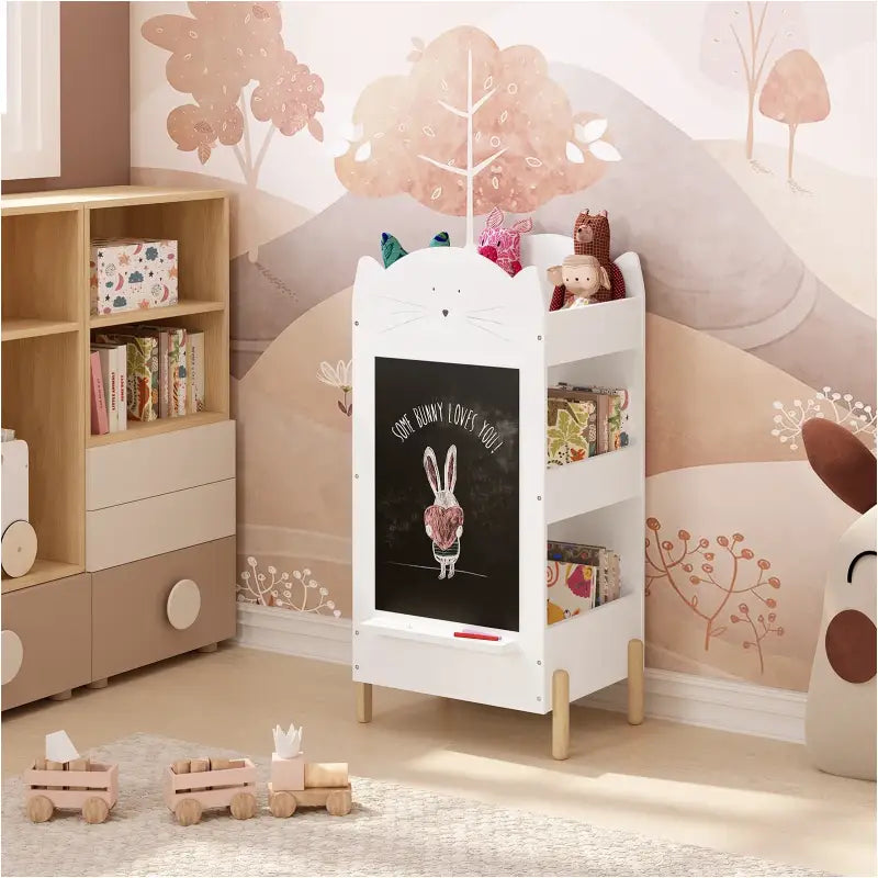 BukkitBow - Staande Boekenkast voor Kinderen - Opslagruimte aan 2 Zijdes - met Krijtbord en Krijt Plankje - Inclusief Bovenruimte - 45X36X85CM