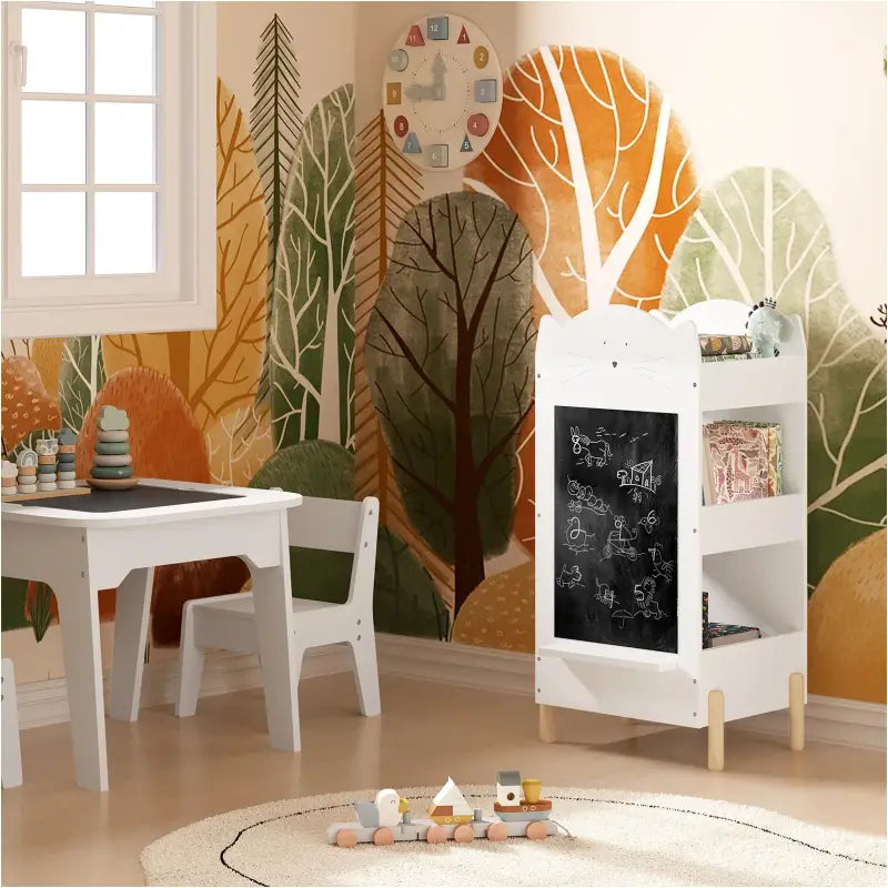 BukkitBow - Staande Boekenkast voor Kinderen - Opslagruimte aan 2 Zijdes - met Krijtbord en Krijt Plankje - Inclusief Bovenruimte - 45X36X85CM