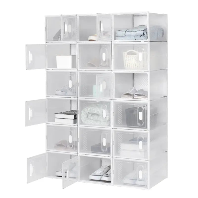 BukkitBow - Stapelbare Schoenendozen - Set van 8/12/18 - Sneaker Organizer - Transparante Vakken met Deurtjes - Wit