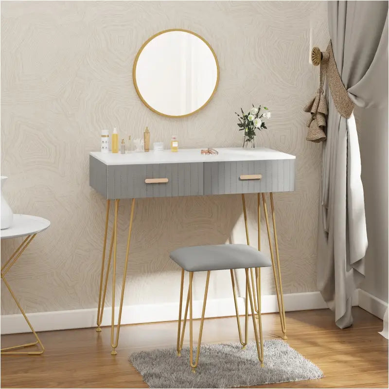 BukkitBow - Stijlvolle Kaptafel Set met Spiegel en Kruk - Stevig Metaal met Fluweel Afgewerkt - Goude Details - 80x77.5x40cm