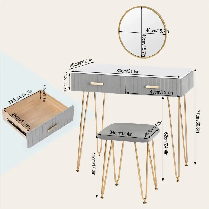 BukkitBow - Stijlvolle Kaptafel Set met Spiegel en Kruk - Stevig Metaal met Fluweel Afgewerkt - Goude Details - 80x77.5x40cm