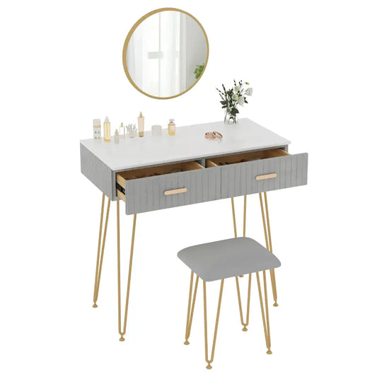 BukkitBow - Stijlvolle Kaptafel Set met Spiegel en Kruk - Stevig Metaal met Fluweel Afgewerkt - Goude Details - 80x77.5x40cm