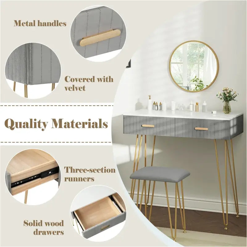 BukkitBow - Stijlvolle Kaptafel Set met Spiegel en Kruk - Stevig Metaal met Fluweel Afgewerkt - Goude Details - 80x77.5x40cm