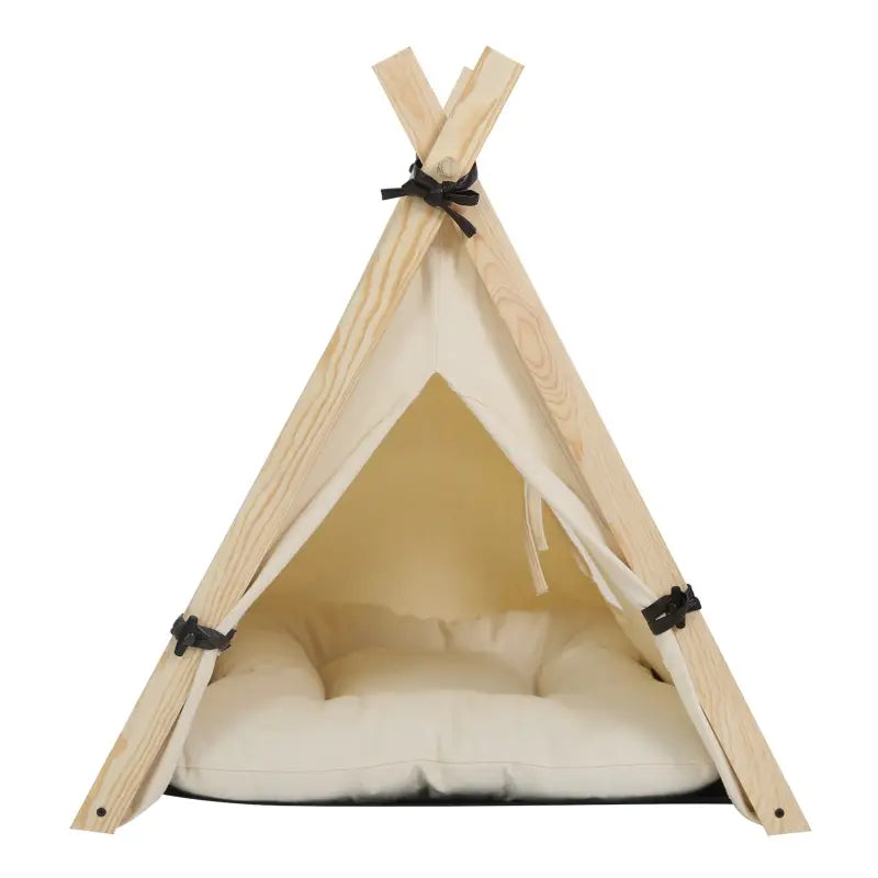 BukkitBow - Tipi Tent voor Huisdieren - Tent met Venster & Uitneembaar Kussen voor Honden en Katten - Wit & Eikenhout - Bruin