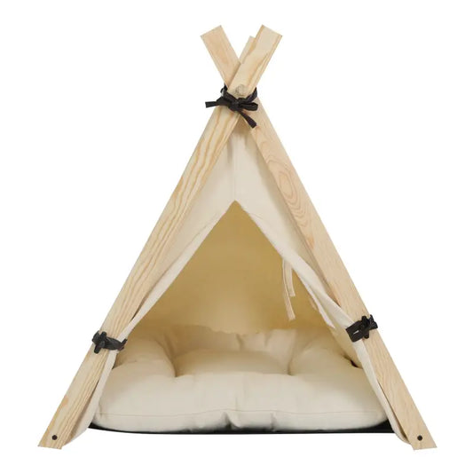 BukkitBow - Tipi Tent voor Huisdieren - Tent met Venster & Uitneembaar Kussen voor Honden en Katten - Wit & Eikenhout - Bruin
