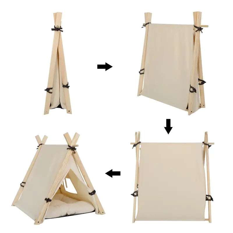 BukkitBow - Tipi Tent voor Huisdieren - Tent met Venster & Uitneembaar Kussen voor Honden en Katten - Wit & Eikenhout - Bruin