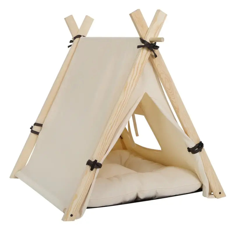 BukkitBow - Tipi Tent voor Huisdieren - Tent met Venster & Uitneembaar Kussen voor Honden en Katten - Wit & Eikenhout - Bruin