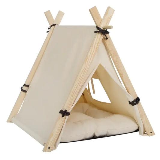 BukkitBow - Tipi Tent voor Huisdieren - Tent met Venster & Uitneembaar Kussen voor Honden en Katten - Wit & Eikenhout - Bruin