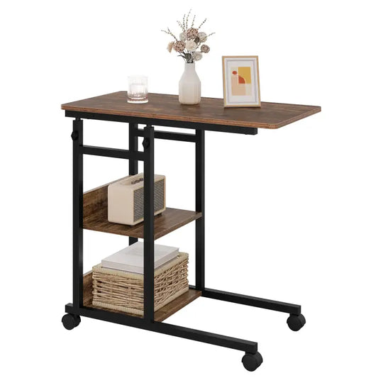 BukkitBow - Verstelbare Bijzettafel op Wielen - Vintage Hout met Zwart Metalen Frame - Ruimtebesparend en Multifunctioneel