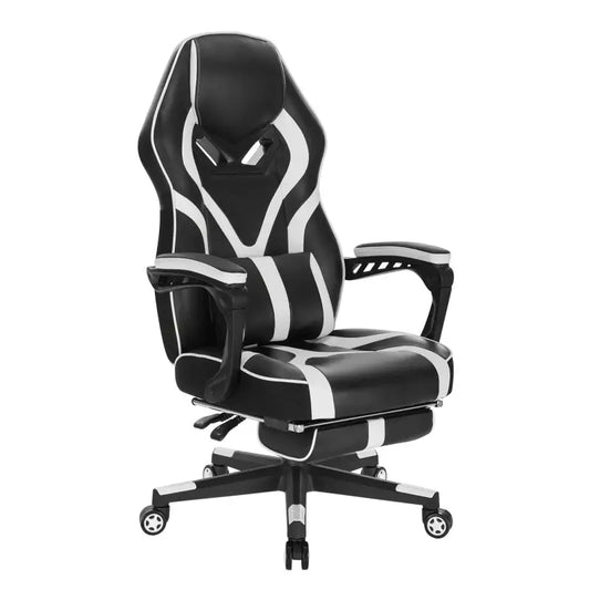 BukkitBow - Verstelbare Racing Gamingstoel / Bureaustoel - Leer en Nylon - Wit/Zwart of Rood/Zwart- met Uitklapbare Voetensteun - 115-123cm Hoogte