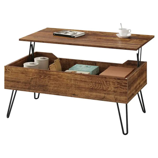 BukkitBow - Vintage Houten & Metalen Salontafel - Hoogte Verstelbaar met Verborgen Opslag - Industrieel Ontwerp