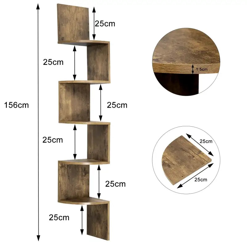 BukkitBow - Zigzag Hoekkast / Hoek Wandplank - Stevig Hout - 5 Niveau's - 25x25x156cm