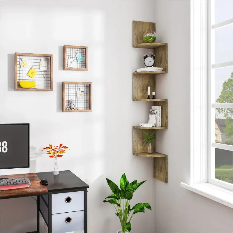 BukkitBow - Zigzag Hoekkast / Hoek Wandplank - Stevig Hout - 5 Niveau's - 25x25x156cm